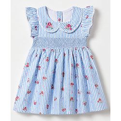 Babyhug Woven Half Sleeves One Piece Striped Dress With Floral Print - Blue