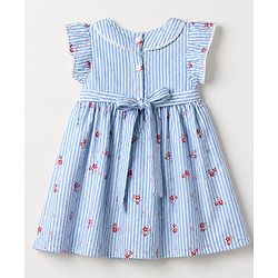 Babyhug Woven Half Sleeves One Piece Striped Dress With Floral Print - Blue