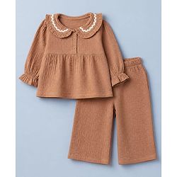 Babyhug 100% Cotton Terry Knit Full Sleeves Top and Pant Set - Brown