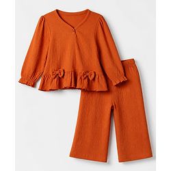 Babyhug 100% Cotton Terry Knit Full Sleeves Top and Pant Set with Full Length and Bow Applique in Brown