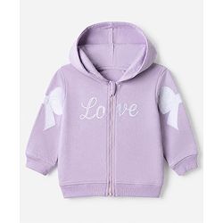 Babyhug 100% Cotton Terry Knit Full Sleeves Hooded Top & Pant Set With Text Print & Bow Applique - Lavender