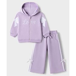 Babyhug 100% Cotton Terry Knit Full Sleeves Hooded Top & Pant Set With Text Print & Bow Applique - Lavender