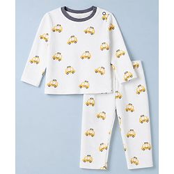 Babyhug Cotton Knit Rib Fabric Full Sleeves Co-ord T-Shirt & Pajama Night Suit with Vehicle Print - Yellow