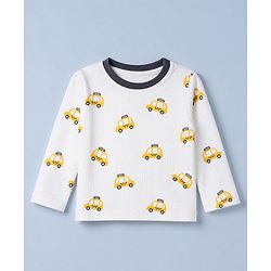 Babyhug Cotton Knit Rib Fabric Full Sleeves Co-ord T-Shirt & Pajama Night Suit with Vehicle Print - Yellow
