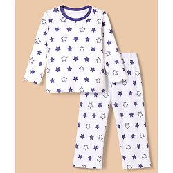 Babyhug Cotton Knit Rib Fabric Full Sleeves Pyjama Co-Ords Set With Star Print - White