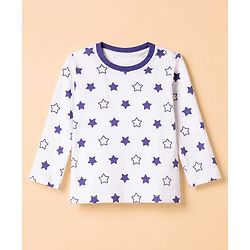 Babyhug Cotton Knit Rib Fabric Full Sleeves Pyjama Co-Ords Set With Star Print - White