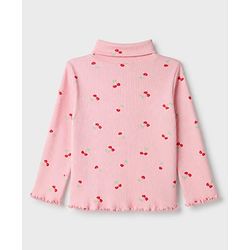Babyhug Cotton Lycra Knit Winter T-Shirt with Turtle Neck & Full Sleeves with Pretty Embroidered Text & Cherry Print - Pink