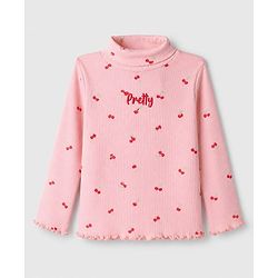 Babyhug Cotton Lycra Knit Winter T-Shirt with Turtle Neck & Full Sleeves with Pretty Embroidered Text & Cherry Print - Pink