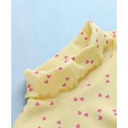 Babyhug Cotton Lycra Knit Skivi Winter T-Shirt with Full Sleeves and Frill Details with Hearts Print - Yellow