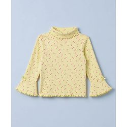 Babyhug Cotton Lycra Knit Skivi Winter T-Shirt with Full Sleeves and Frill Details with Hearts Print - Yellow