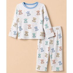 Babyhug Cotton Interlock Knit Rib Full Sleeves Co-ord T-Shirt & Pajama Night Suit with Bear & Stars Print - White