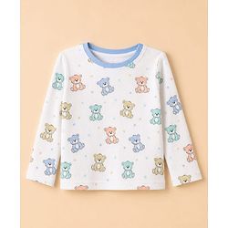Babyhug Cotton Interlock Knit Rib Full Sleeves Co-ord T-Shirt & Pajama Night Suit with Bear & Stars Print - White