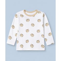 Babyhug Cotton Knit Rib Fabric Full Sleeves Co-ord T-Shirt & Pajama Night Suit with Tiger Print - White