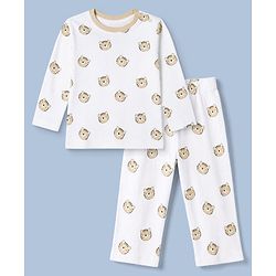 Babyhug Cotton Knit Rib Fabric Full Sleeves Co-ord T-Shirt & Pajama Night Suit with Tiger Print - White