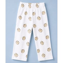 Babyhug Cotton Knit Rib Fabric Full Sleeves Co-ord T-Shirt & Pajama Night Suit with Tiger Print - White