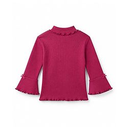 Babyhug Cotton Ribbed Knit Skivi Winter T-shirt With Full Bell Sleeves and Bow Applique in Burgandy