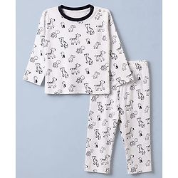 Babyhug Cotton Interlock Knit Rib Full Sleeves Co-ord T-Shirt & Pajama Night Suit with Wild Animal Print - Black