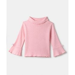 Babyhug Cotton Lycra Knit Skivi Winter T-Shirts with Full Sleeves and Frill Details with Bow Applique - Pink