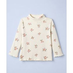 Babyhug Cotton Lycra Knit Skivi Winter T-Shirt with Full Sleeves and Floral Print - Cream
