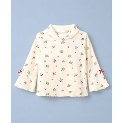 Babyhug Cotton Knit Skivi Winter T-Shirt with Full Sleeves and Floral Print in White
