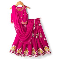Babyhug Woven Georgette Lehenga Choli and Dupatta Set with Sleeveless and Floral Embroidery in Pink for 2-3 Years