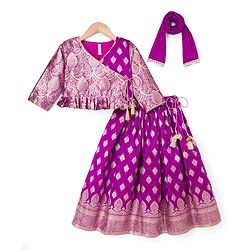 Babyhug Brocade Woven Three-Fourth Sleeves Paisley Printed Choli & Lehenga Set With Dupatta - Wine
