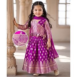 Babyhug Brocade Woven Three-Fourth Sleeves Paisley Printed Choli & Lehenga Set With Dupatta - Wine