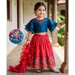 Babyhug Georgette Woven Half Sleeves Embroidered Choli & Lehenga Set With Dupatta - Fuchsia