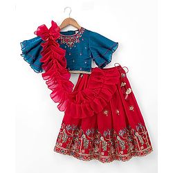 Babyhug Georgette Woven Half Sleeves Embroidered Choli & Lehenga Set With Dupatta - Fuchsia