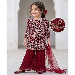 Babyhug Georgette Woven Three Fourth Sleeves Kurti, Palazzo and Dupatta with Floral Sequins in Maroon