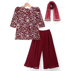 Babyhug Georgette Woven Three Fourth Sleeves Kurti, Palazzo and Dupatta with Floral Sequins in Maroon