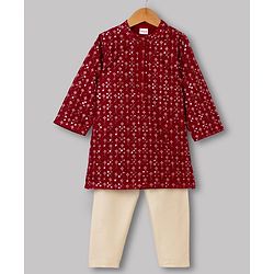 Babyhug Georgette Woven Full Sleeves Kurta and Pyjama Set with Full Length and Floral Embroidery With Sequin in Red