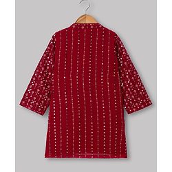 Babyhug Georgette Woven Full Sleeves Kurta and Pyjama Set with Full Length and Floral Embroidery With Sequin in Red