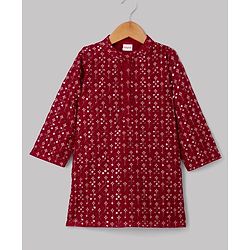 Babyhug Georgette Woven Full Sleeves Kurta and Pyjama Set with Full Length and Floral Embroidery With Sequin in Red