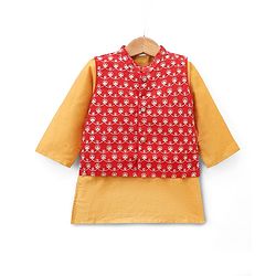 Babyhug Woven Full Sleeves Kurta & Dhoti Set With Embroidered Jacket - Mustard