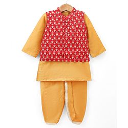 Babyhug Woven Full Sleeves Kurta & Dhoti Set With Embroidered Jacket - Mustard