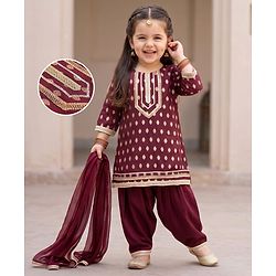 Babyhug Brocade Woven Three Fourth Sleeves Lace Detailing & Zari Work Kurti Salwar and Dupatta Set - Wine