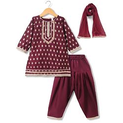 Babyhug Brocade Woven Three Fourth Sleeves Lace Detailing & Zari Work Kurti Salwar and Dupatta Set - Wine