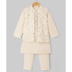 Babyhug Cotton Blend Woven Kurta Pyjama Set and Jacket with Full Sleeves and Vines Embroidery in Beige