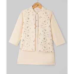 Babyhug Cotton Blend Woven Kurta Pyjama Set and Jacket with Full Sleeves and Vines Embroidery in Beige