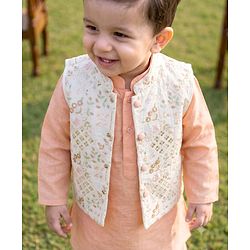 Babyhug Woven Full Sleeves Kurta Dhoti Set and Jacket with Floral Grid Embroidery - Peach