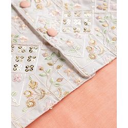 Babyhug Woven Full Sleeves Kurta Dhoti Set and Jacket with Floral Grid Embroidery - Peach