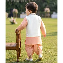Babyhug Woven Full Sleeves Kurta Dhoti Set and Jacket with Floral Grid Embroidery - Peach