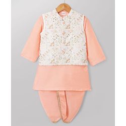 Babyhug Woven Full Sleeves Kurta Dhoti Set and Jacket with Floral Grid Embroidery - Peach