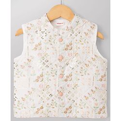Babyhug Woven Full Sleeves Kurta Dhoti Set and Jacket with Floral Grid Embroidery - Peach