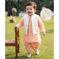 Babyhug Woven Full Sleeves Kurta Dhoti Set and Jacket with Floral Grid Embroidery - Peach