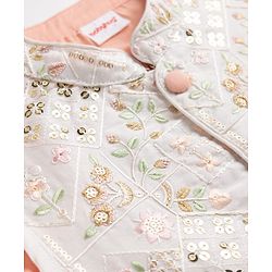 Babyhug Woven Full Sleeves Kurta Dhoti Set and Jacket with Floral Grid Embroidery - Peach