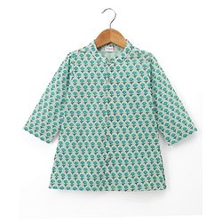 Babyhug 100% Cotton Cambric Woven Full Sleeves Kurta Dhoti Set with Flower Print - Sea Green