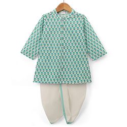 Babyhug 100% Cotton Cambric Woven Full Sleeves Kurta Dhoti Set with Flower Print - Sea Green