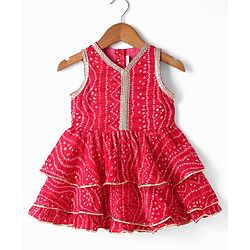 Babyhug Cambric Woven Ethnic Dress with Sleeveless and Bandhani Pattern Print in Fuchsia for New born